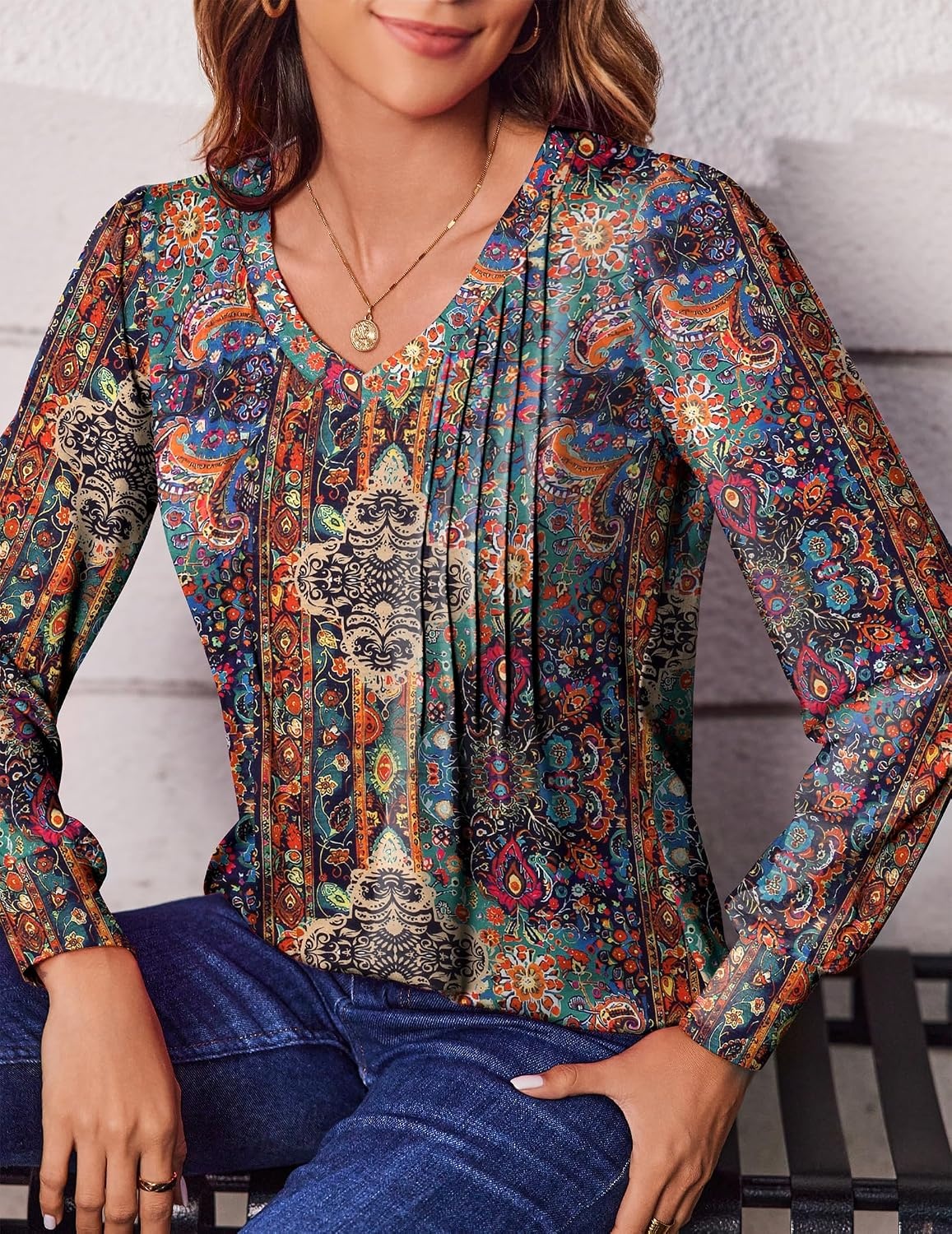 image:imageZeagoo Womens Puff Long Sleeve Shirts Pleated V Neck Fall Tunic Tops Blouse Dressy Casual Summer TShirtsMulticoloured 721