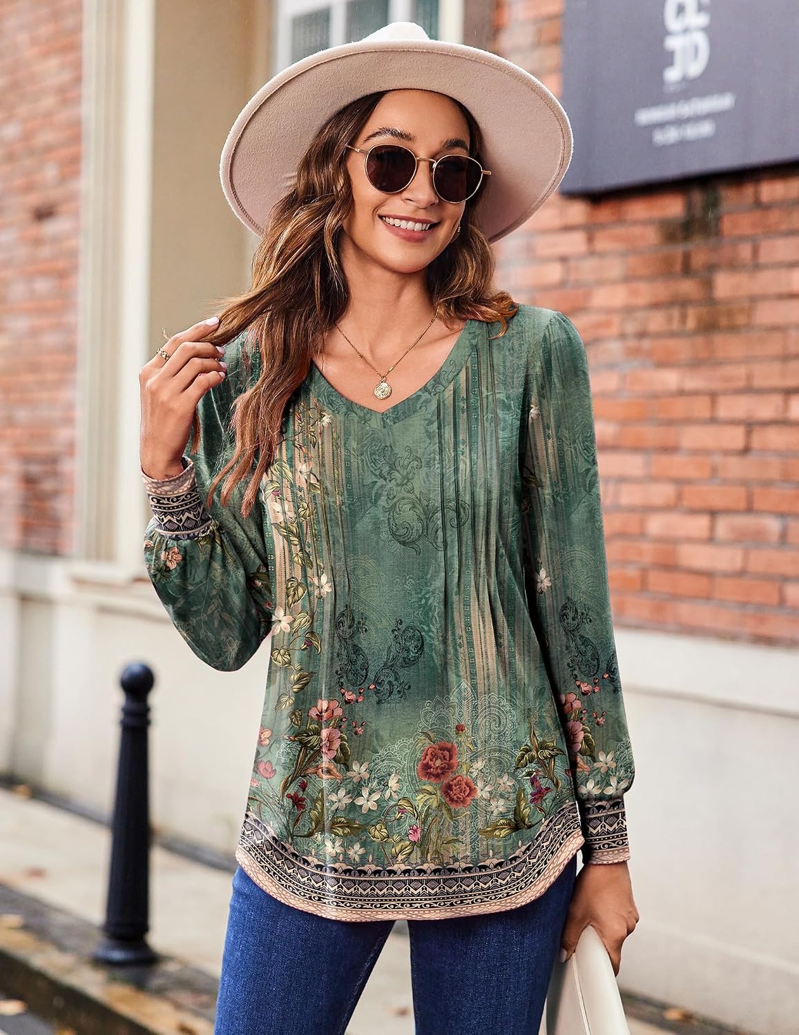 image:imageZeagoo Womens Puff Long Sleeve Shirts Pleated V Neck Fall Tunic Tops Blouse Dressy Casual Summer TShirtsPa171