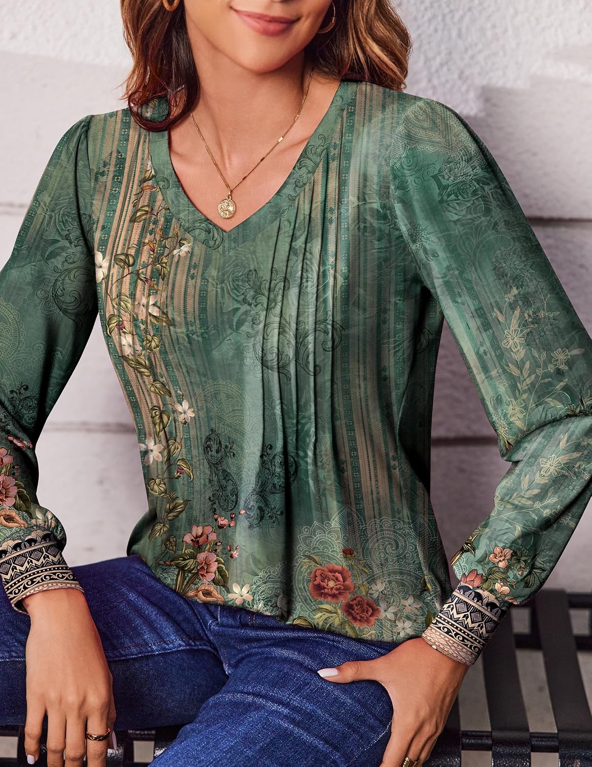 image:imageZeagoo Womens Puff Long Sleeve Shirts Pleated V Neck Fall Tunic Tops Blouse Dressy Casual Summer TShirtsPa171