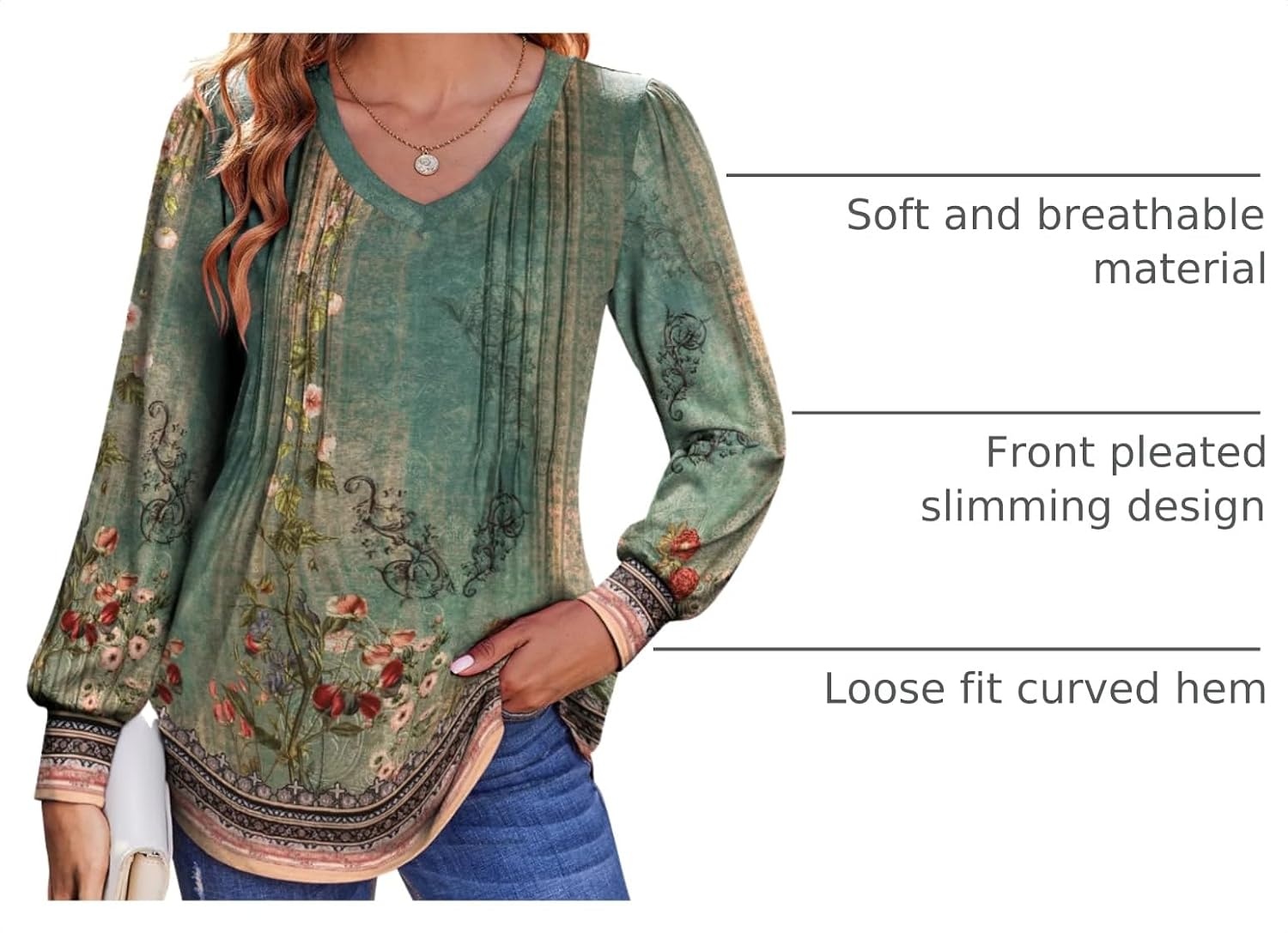 image:imageZeagoo Womens Puff Long Sleeve Shirts Pleated V Neck Fall Tunic Tops Blouse Dressy Casual Summer TShirtsPa171