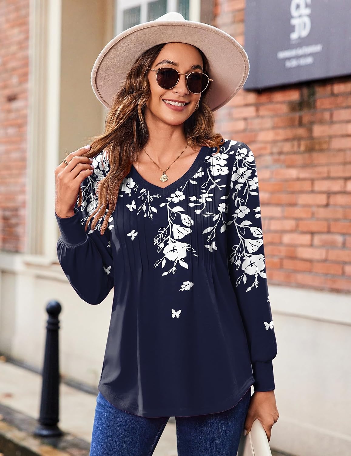 image:imageZeagoo Womens Puff Long Sleeve Shirts Pleated V Neck Fall Tunic Tops Blouse Dressy Casual Summer TShirtsSf103