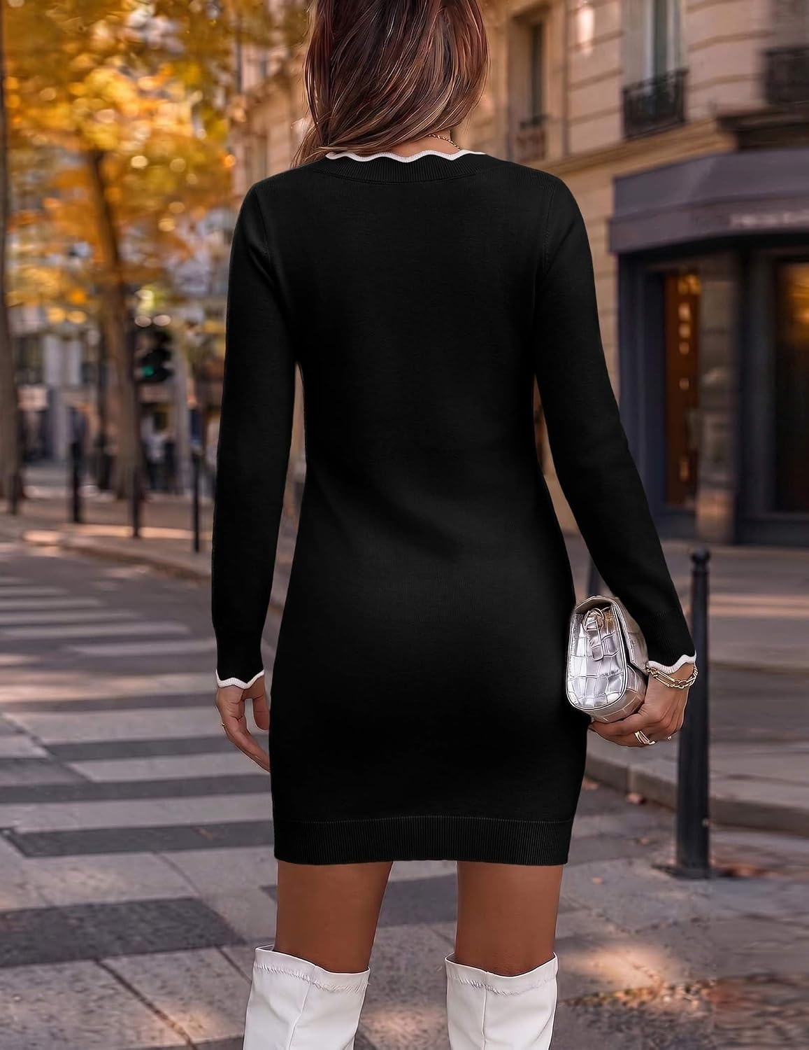 image:imageZeagoo Womens Sweater Dress Long Sleeve V Neck Short Mini Knitted DressBlack