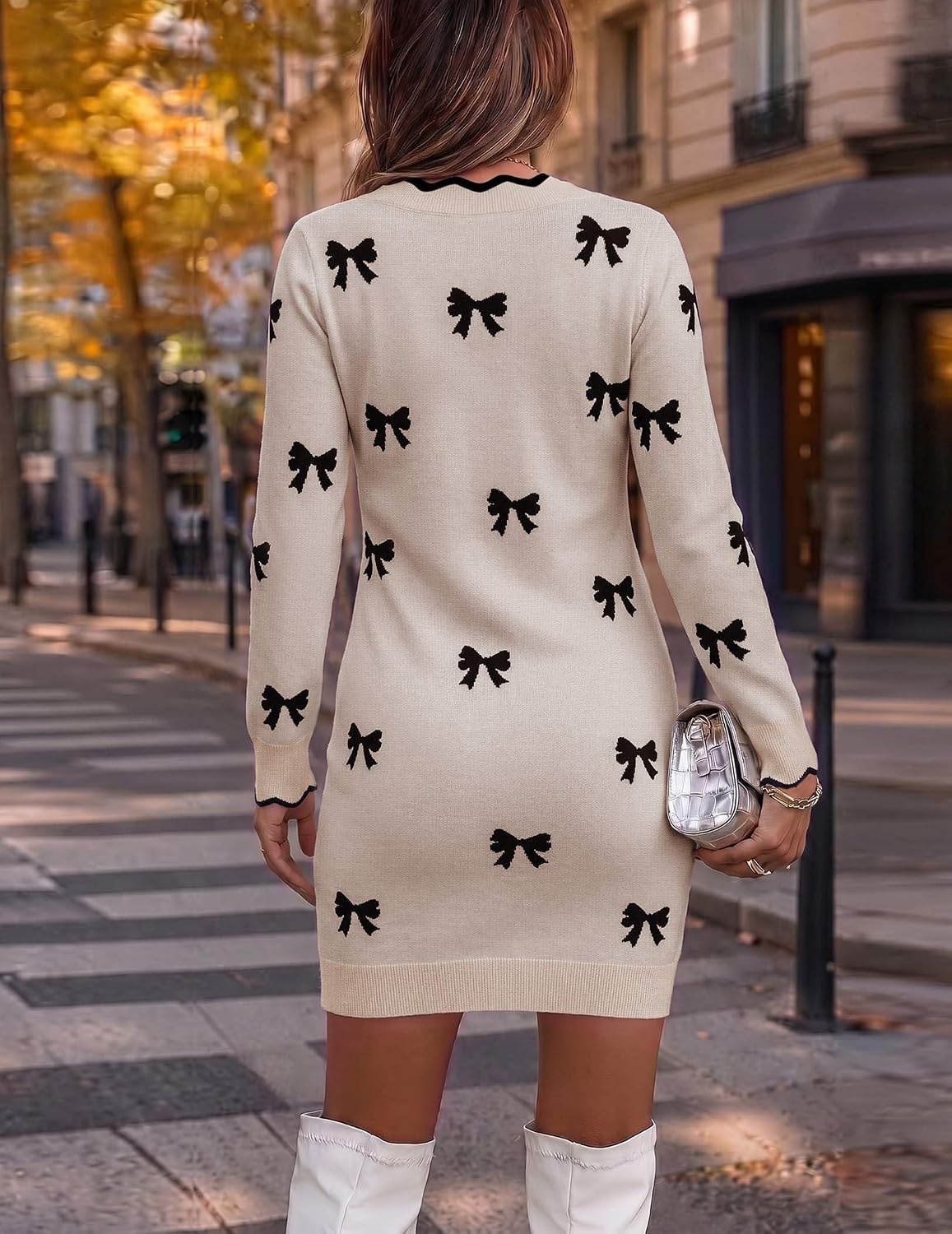 image:imageZeagoo Womens Sweater Dress Long Sleeve V Neck Short Mini Knitted DressBow Apricot