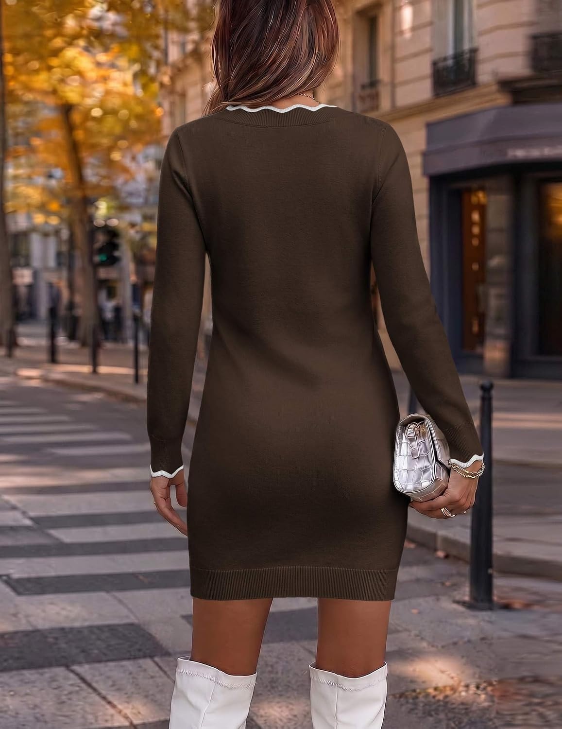 image:imageZeagoo Womens Sweater Dress Long Sleeve V Neck Short Mini Knitted DressBrown