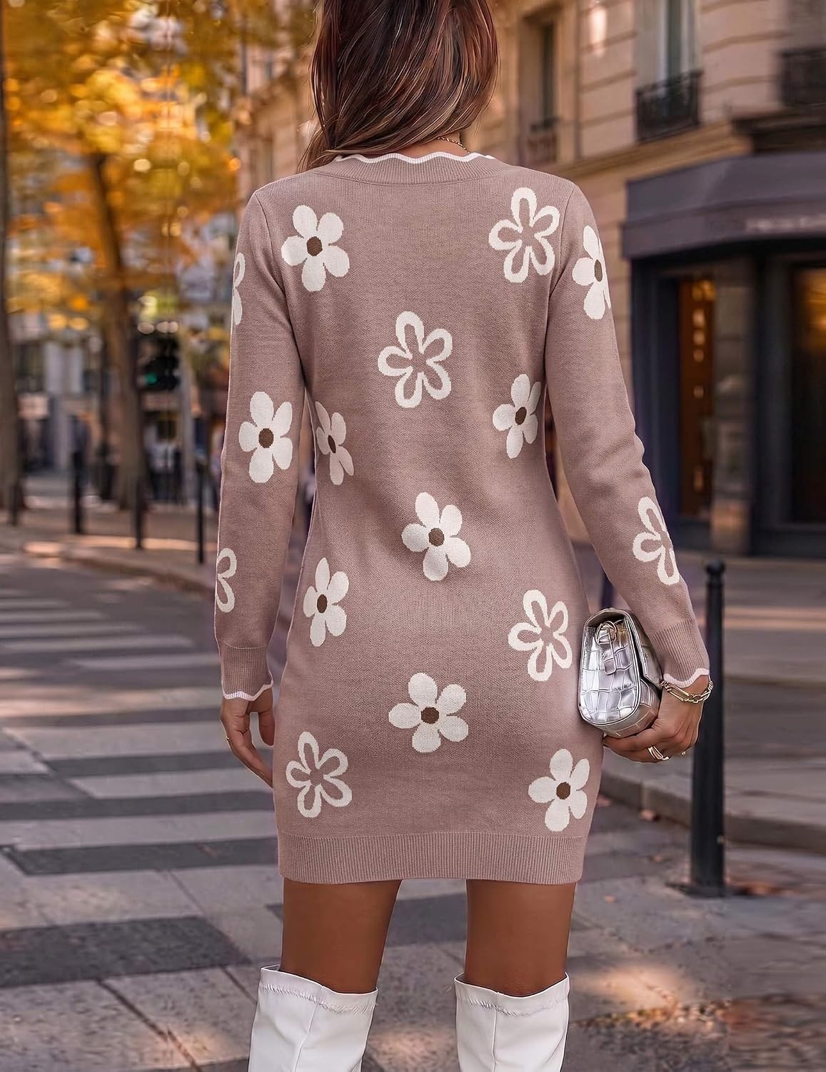 image:imageZeagoo Womens Sweater Dress Long Sleeve V Neck Short Mini Knitted DressFlowers Khaki