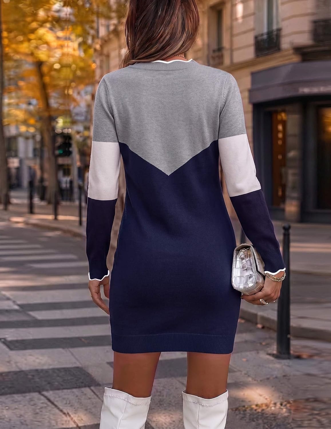 image:imageZeagoo Womens Sweater Dress Long Sleeve V Neck Short Mini Knitted DressGrey Navy
