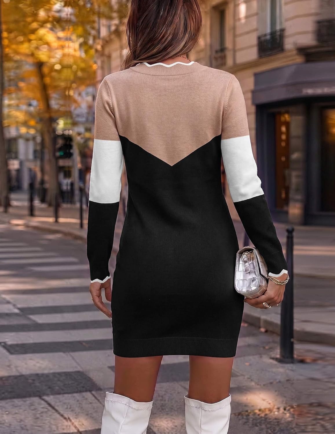 image:imageZeagoo Womens Sweater Dress Long Sleeve V Neck Short Mini Knitted DressKhaki Black