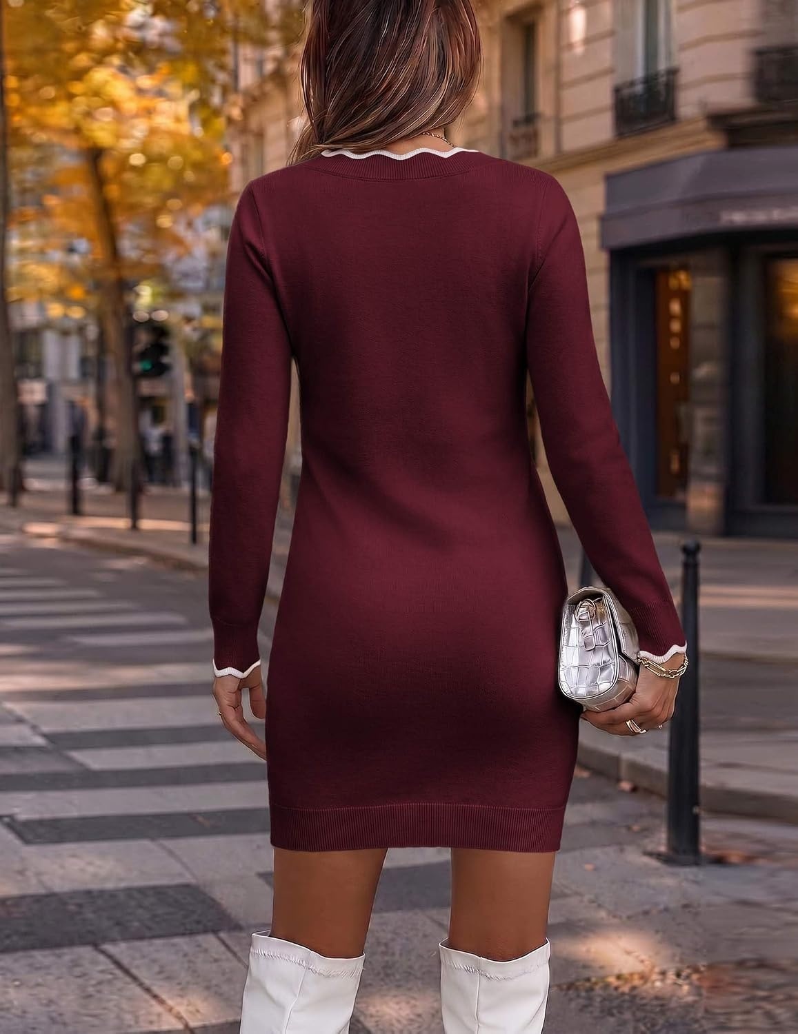 image:imageZeagoo Womens Sweater Dress Long Sleeve V Neck Short Mini Knitted DressWine Red