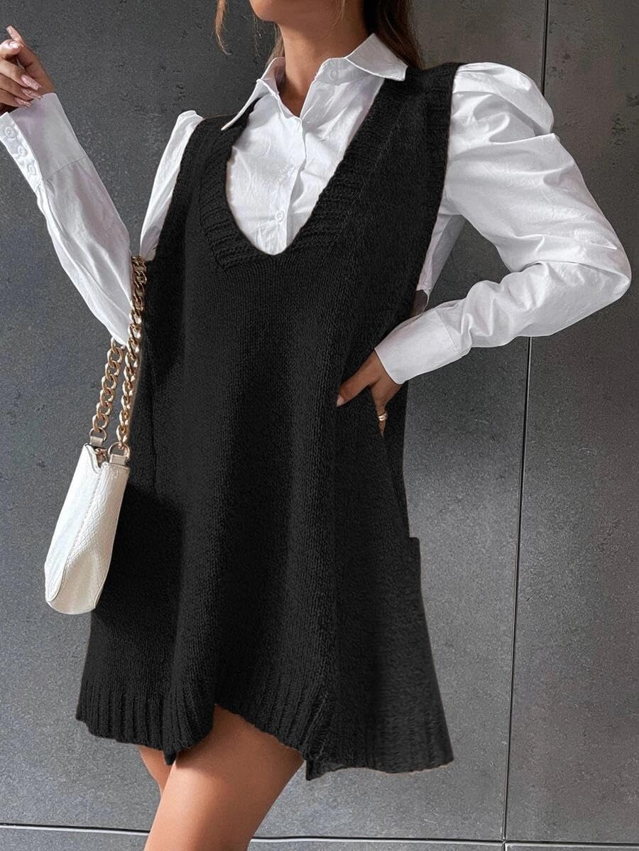 image:imageZeagoo Womens Sweater Vest Dress Pattern Knitted Pullovers Sweaters V Neck Tank Sweater Dress with PocketsBlack