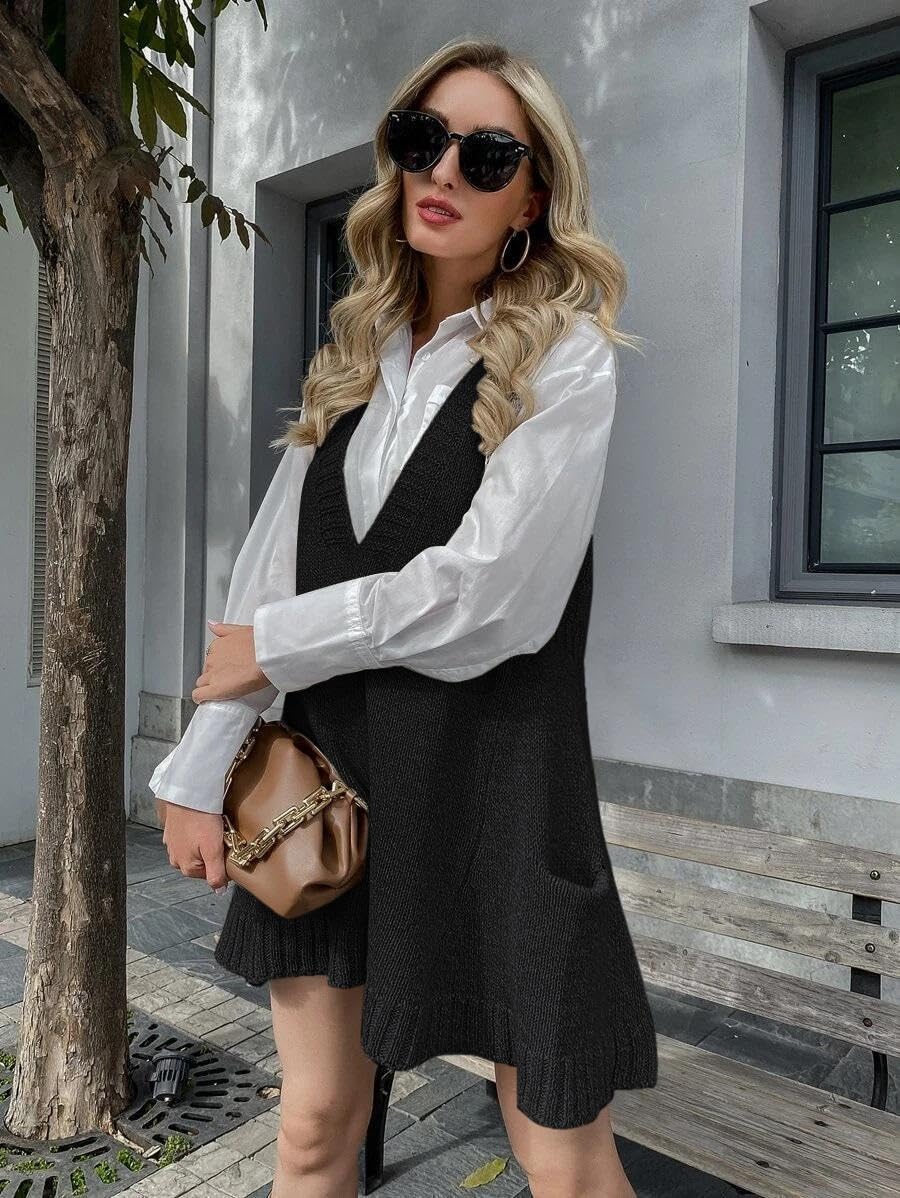 image:imageZeagoo Womens Sweater Vest Dress Pattern Knitted Pullovers Sweaters V Neck Tank Sweater Dress with PocketsBlack
