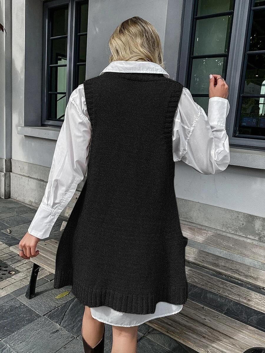 image:imageZeagoo Womens Sweater Vest Dress Pattern Knitted Pullovers Sweaters V Neck Tank Sweater Dress with PocketsBlack