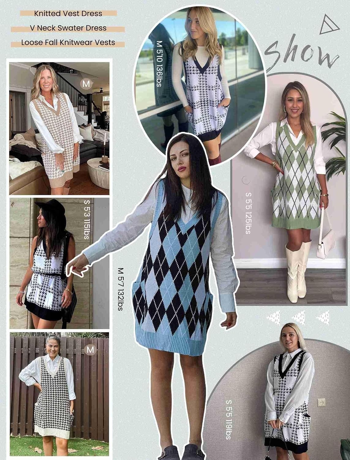 image:imageZeagoo Womens Sweater Vest Dress Pattern Knitted Pullovers Sweaters V Neck Tank Sweater Dress with PocketsBlack Argyle