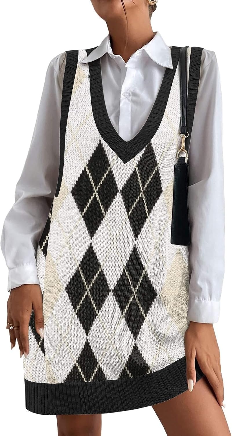 image:imageZeagoo Womens Sweater Vest Dress Pattern Knitted Pullovers Sweaters V Neck Tank Sweater Dress with PocketsBlack Argyle
