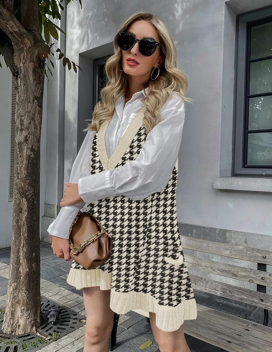 image:imageZeagoo Womens Sweater Vest Dress Pattern Knitted Pullovers Sweaters V Neck Tank Sweater Dress with PocketsBlack Houndstooth
