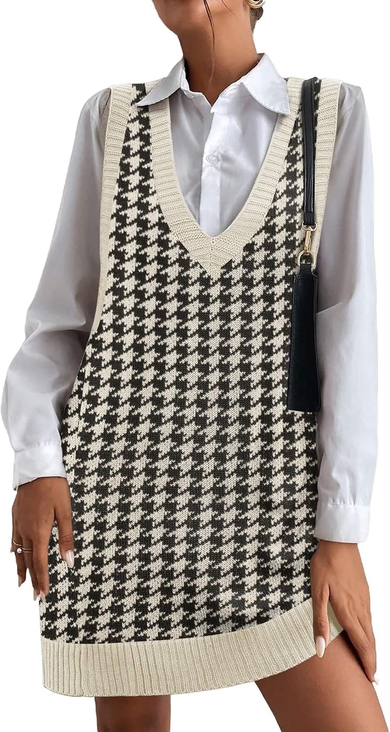 image:imageZeagoo Womens Sweater Vest Dress Pattern Knitted Pullovers Sweaters V Neck Tank Sweater Dress with PocketsBlack Houndstooth