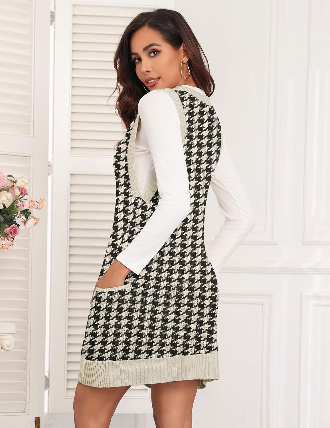 image:imageZeagoo Womens Sweater Vest Dress Pattern Knitted Pullovers Sweaters V Neck Tank Sweater Dress with PocketsBlack Houndstooth