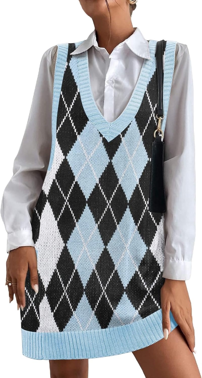 image:imageZeagoo Womens Sweater Vest Dress Pattern Knitted Pullovers Sweaters V Neck Tank Sweater Dress with PocketsBlue Argyle