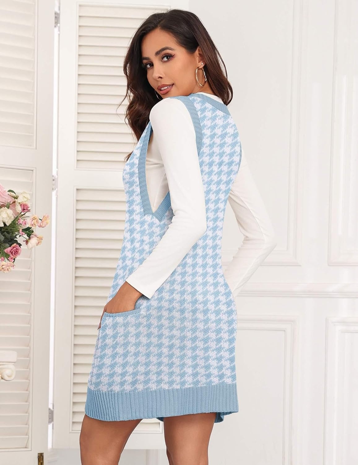 image:imageZeagoo Womens Sweater Vest Dress Pattern Knitted Pullovers Sweaters V Neck Tank Sweater Dress with PocketsBlue Houndstooth