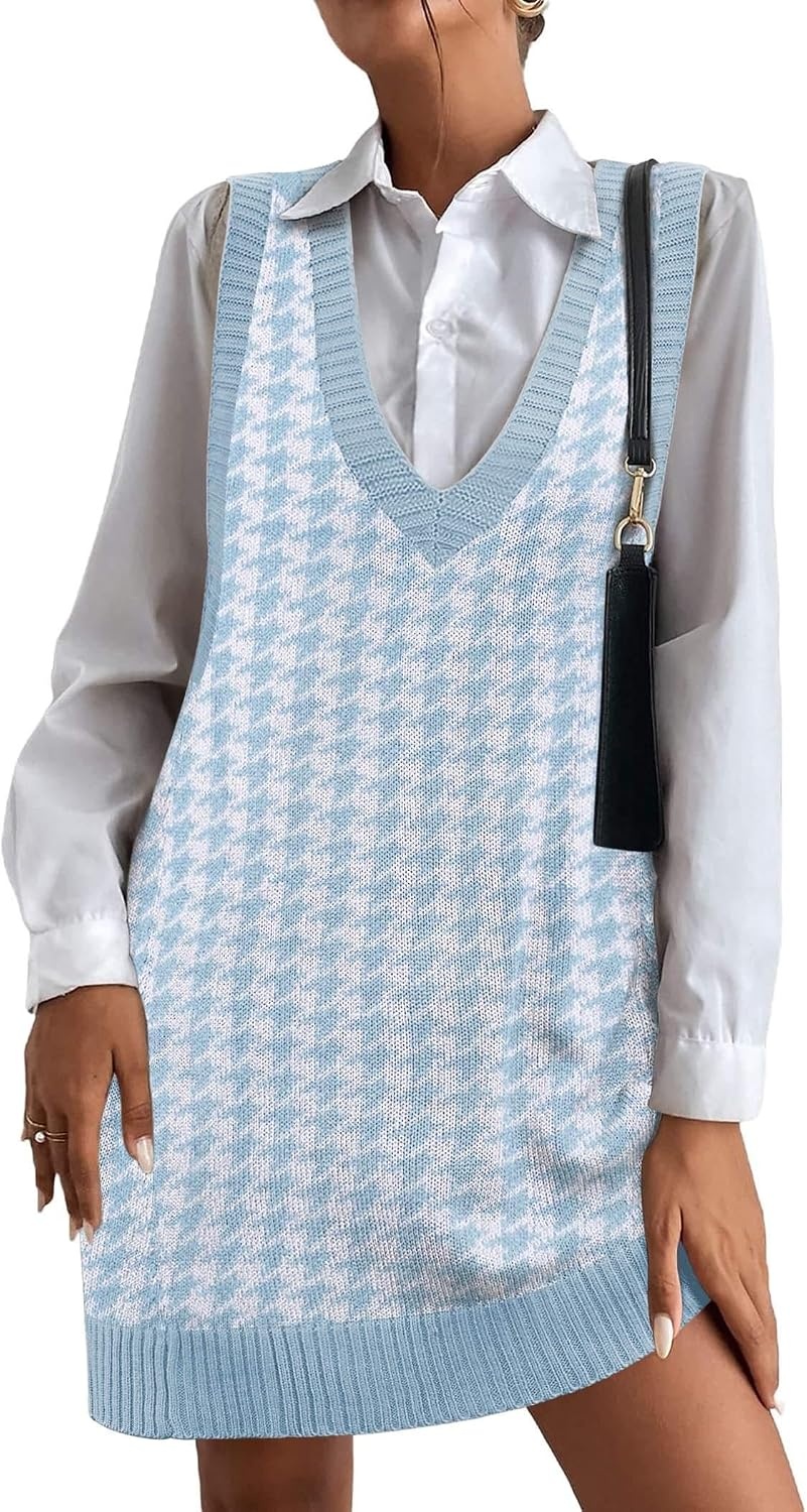 image:imageZeagoo Womens Sweater Vest Dress Pattern Knitted Pullovers Sweaters V Neck Tank Sweater Dress with PocketsBlue Houndstooth