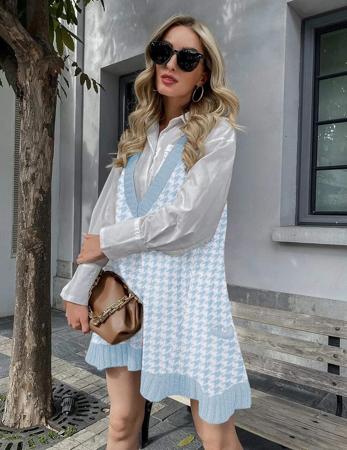 image:imageZeagoo Womens Sweater Vest Dress Pattern Knitted Pullovers Sweaters V Neck Tank Sweater Dress with PocketsBlue Houndstooth