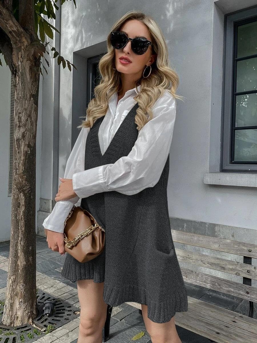 image:imageZeagoo Womens Sweater Vest Dress Pattern Knitted Pullovers Sweaters V Neck Tank Sweater Dress with PocketsDark Grey