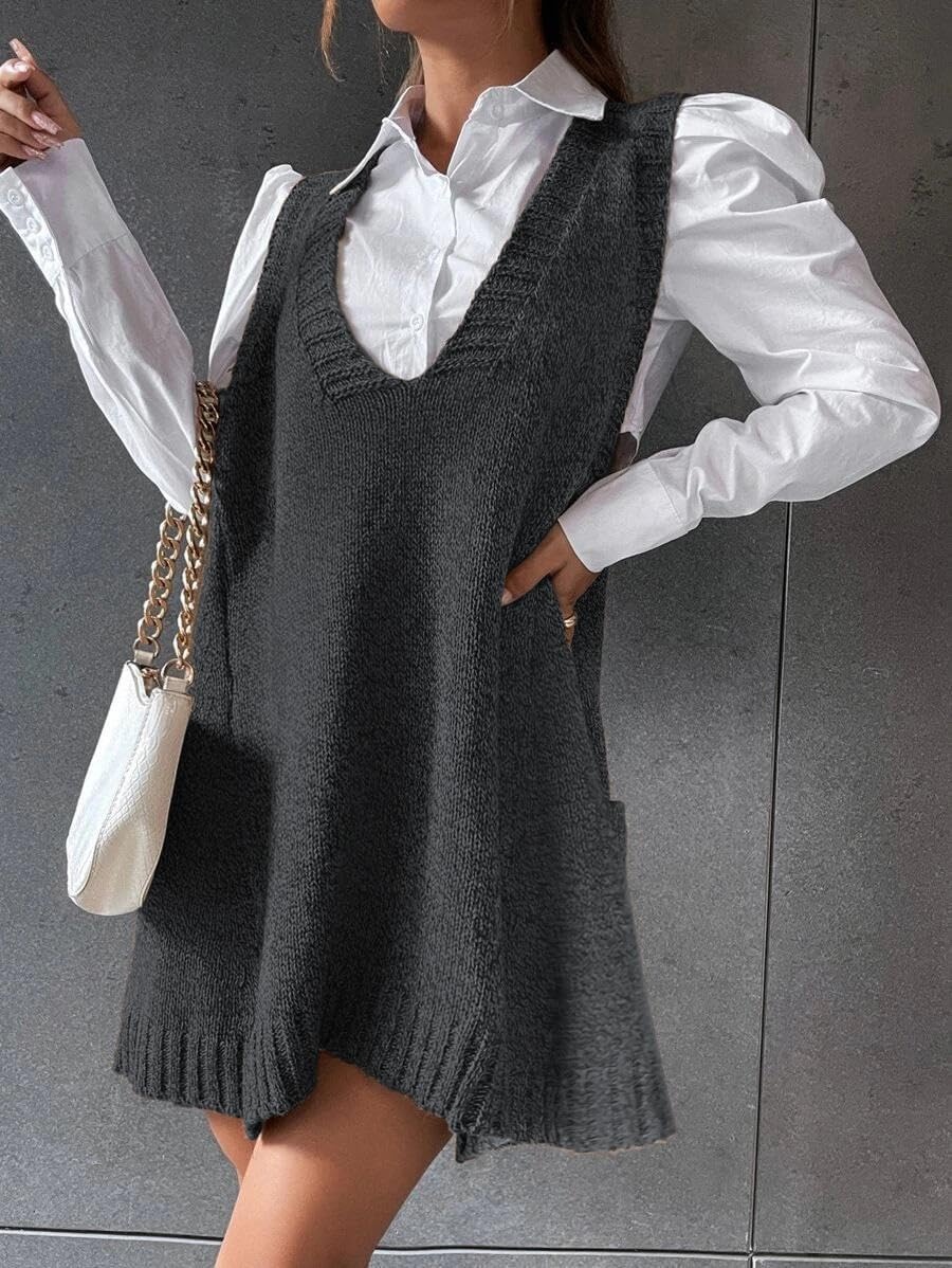 image:imageZeagoo Womens Sweater Vest Dress Pattern Knitted Pullovers Sweaters V Neck Tank Sweater Dress with PocketsDark Grey