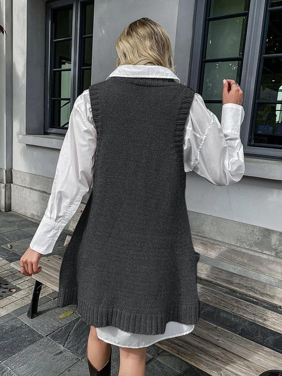 image:imageZeagoo Womens Sweater Vest Dress Pattern Knitted Pullovers Sweaters V Neck Tank Sweater Dress with PocketsDark Grey