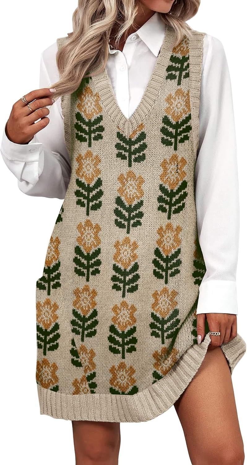 image:imageZeagoo Womens Sweater Vest Dress Pattern Knitted Pullovers Sweaters V Neck Tank Sweater Dress with PocketsKhaki Flower