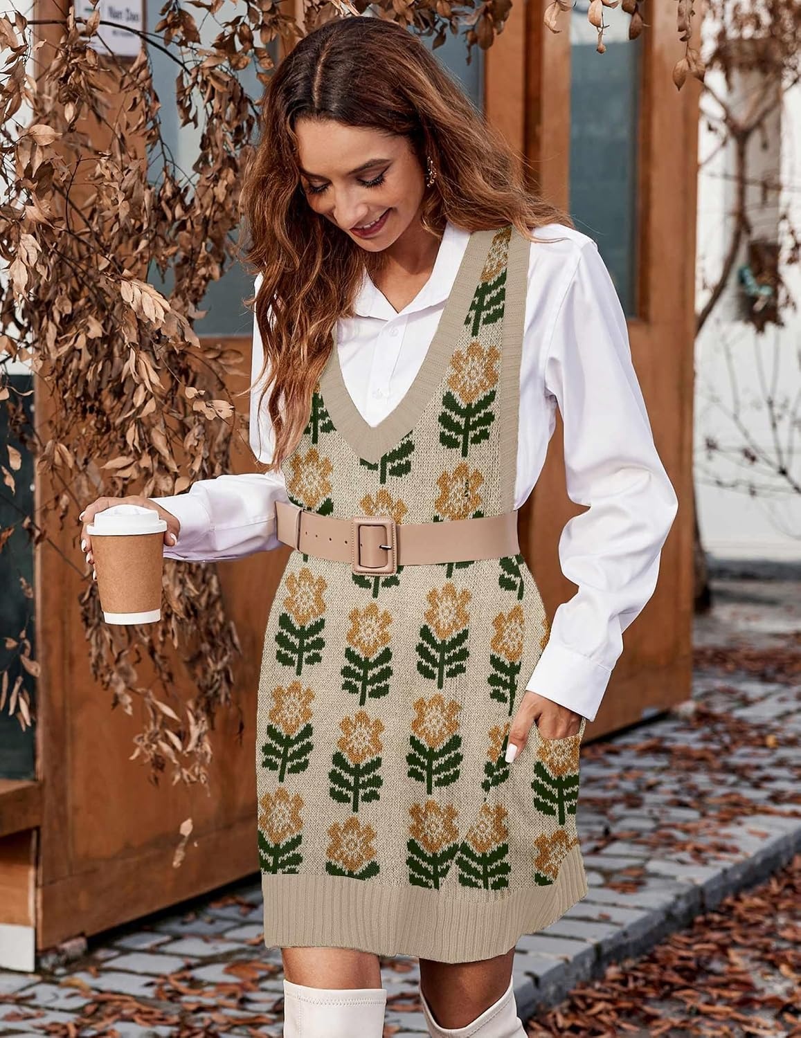 image:imageZeagoo Womens Sweater Vest Dress Pattern Knitted Pullovers Sweaters V Neck Tank Sweater Dress with PocketsKhaki Flower
