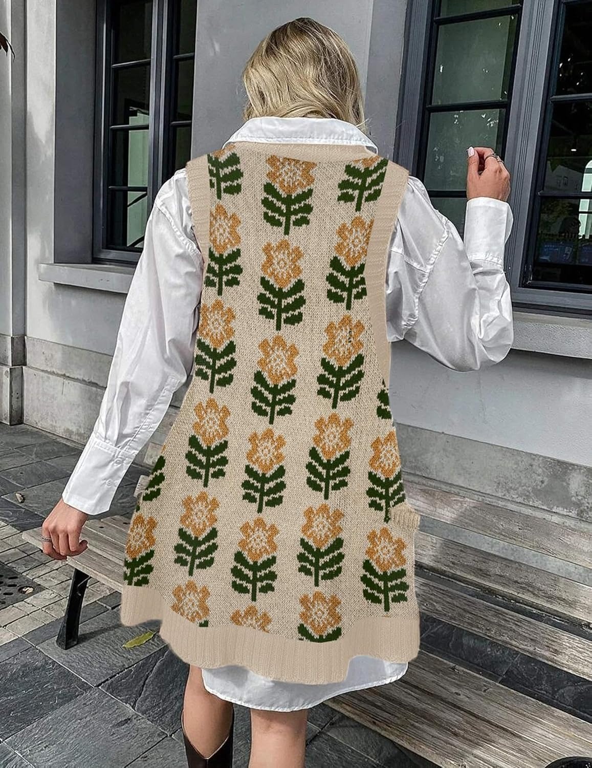 image:imageZeagoo Womens Sweater Vest Dress Pattern Knitted Pullovers Sweaters V Neck Tank Sweater Dress with PocketsKhaki Flower