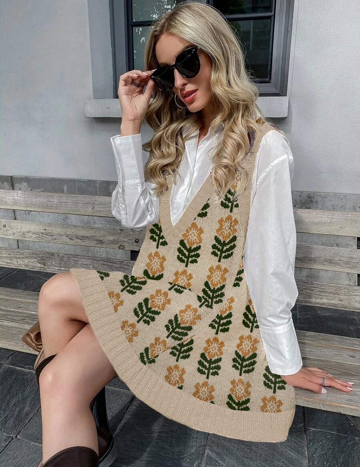 image:imageZeagoo Womens Sweater Vest Dress Pattern Knitted Pullovers Sweaters V Neck Tank Sweater Dress with PocketsKhaki Flower