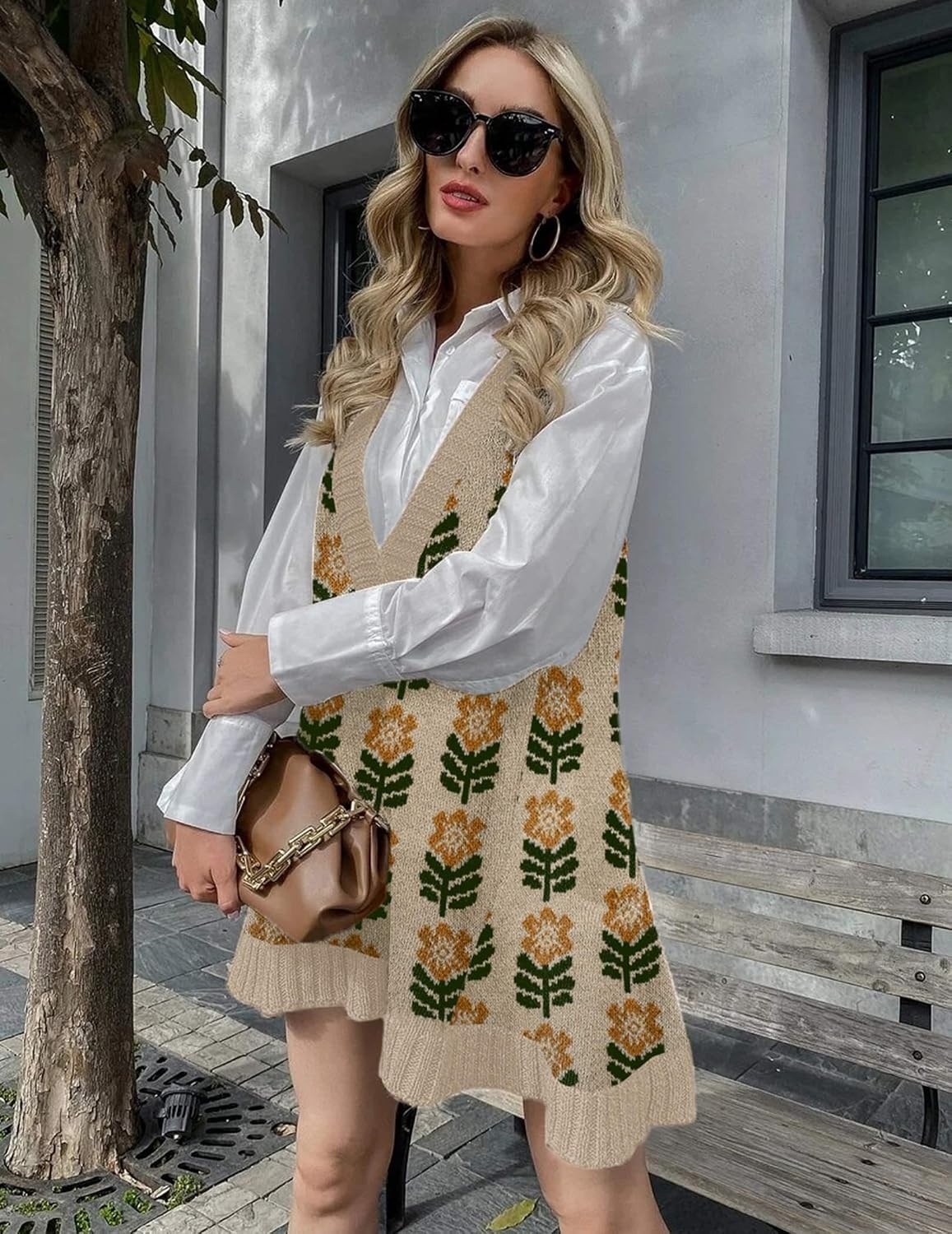 image:imageZeagoo Womens Sweater Vest Dress Pattern Knitted Pullovers Sweaters V Neck Tank Sweater Dress with PocketsKhaki Flower