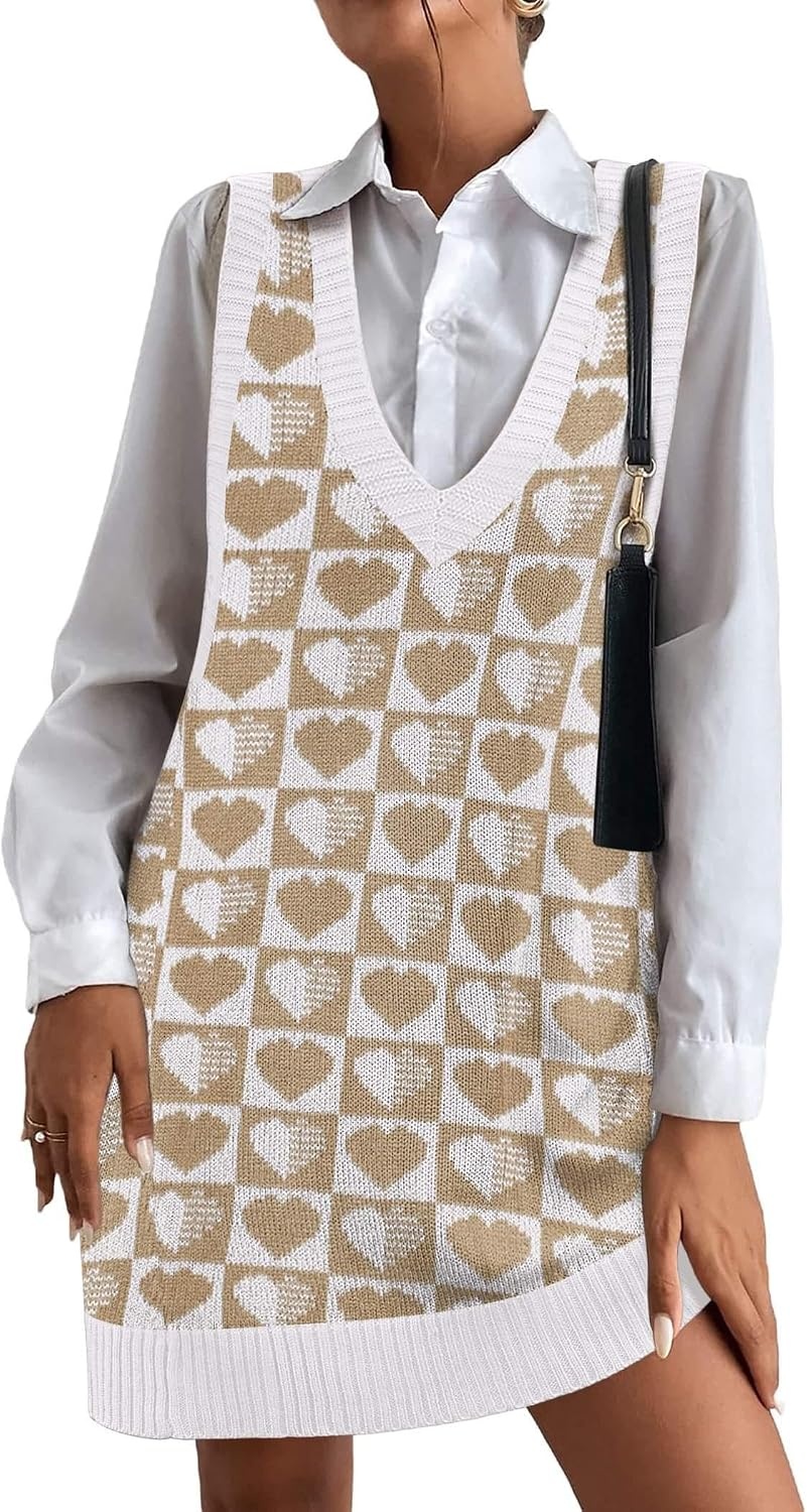 image:imageZeagoo Womens Sweater Vest Dress Pattern Knitted Pullovers Sweaters V Neck Tank Sweater Dress with PocketsKhaki Heart