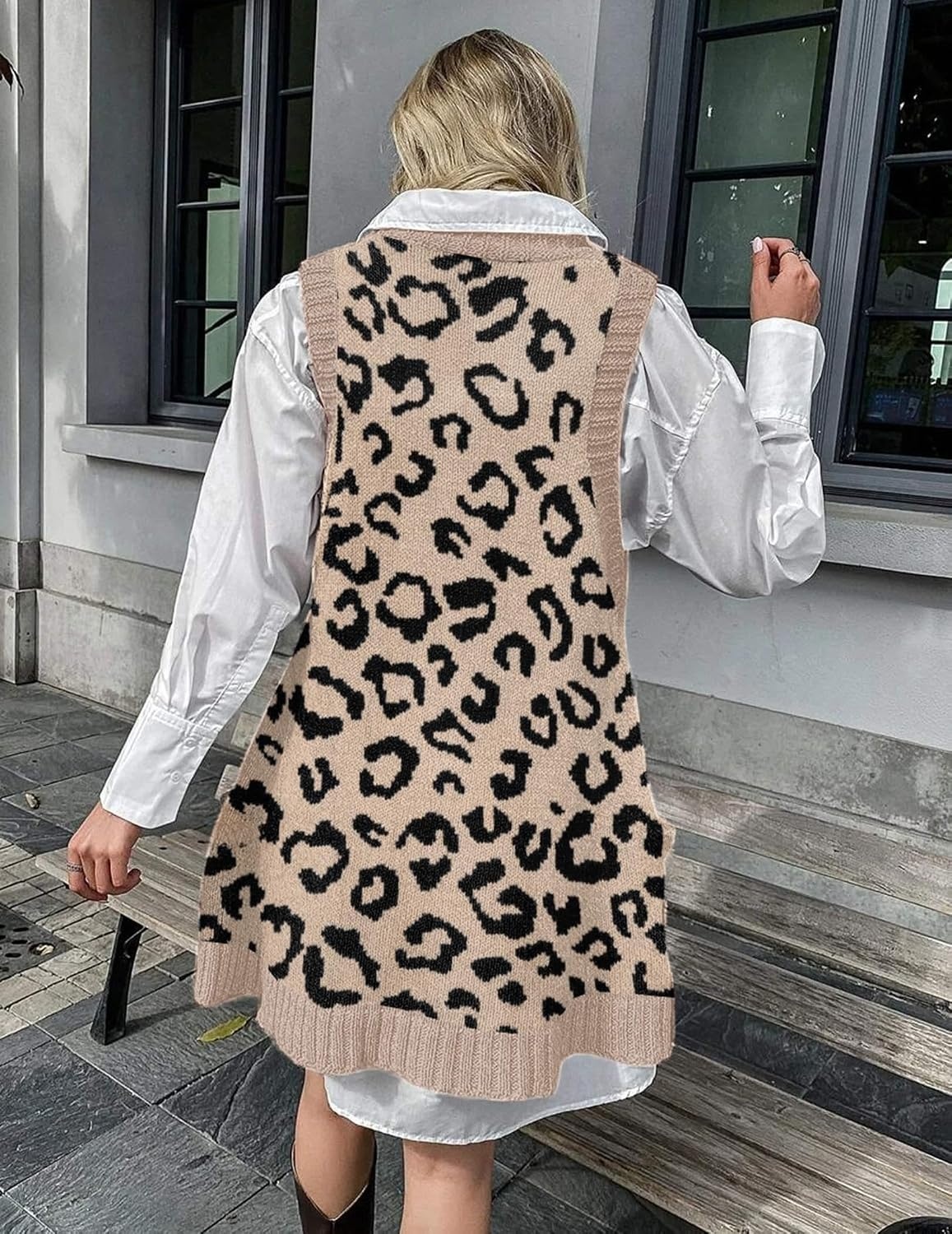 image:imageZeagoo Womens Sweater Vest Dress Pattern Knitted Pullovers Sweaters V Neck Tank Sweater Dress with PocketsLeopard