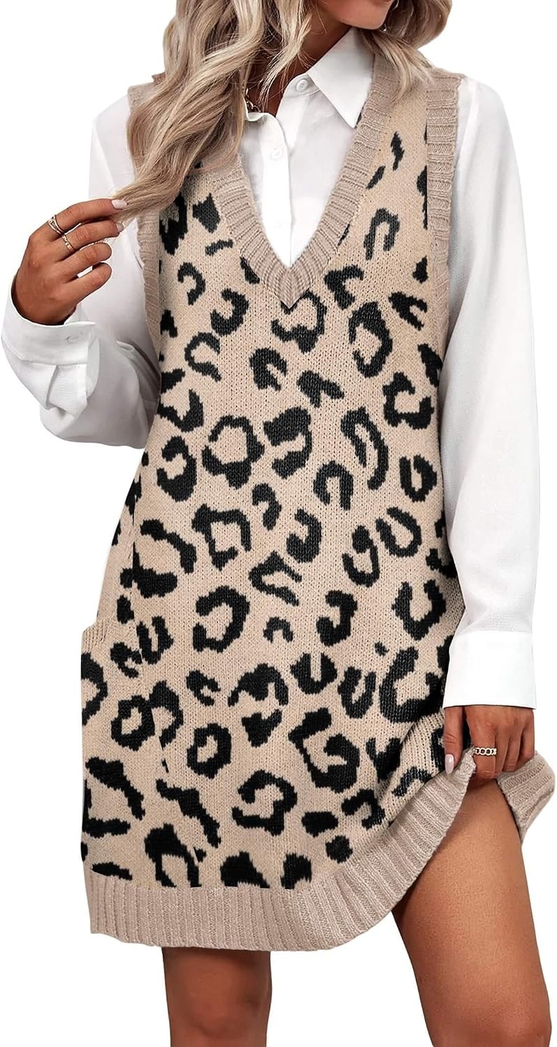 image:imageZeagoo Womens Sweater Vest Dress Pattern Knitted Pullovers Sweaters V Neck Tank Sweater Dress with PocketsLeopard