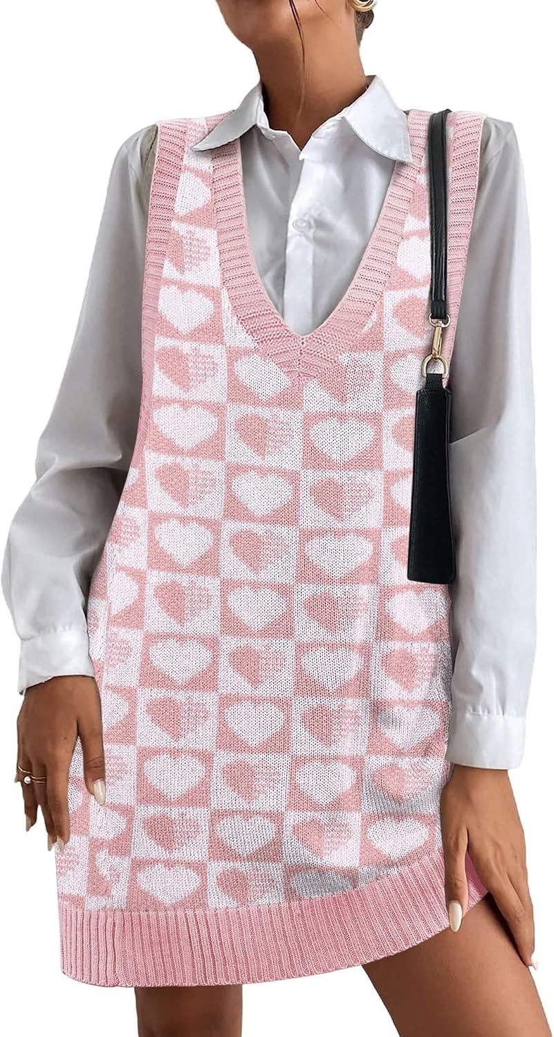 image:imageZeagoo Womens Sweater Vest Dress Pattern Knitted Pullovers Sweaters V Neck Tank Sweater Dress with PocketsPink Heart
