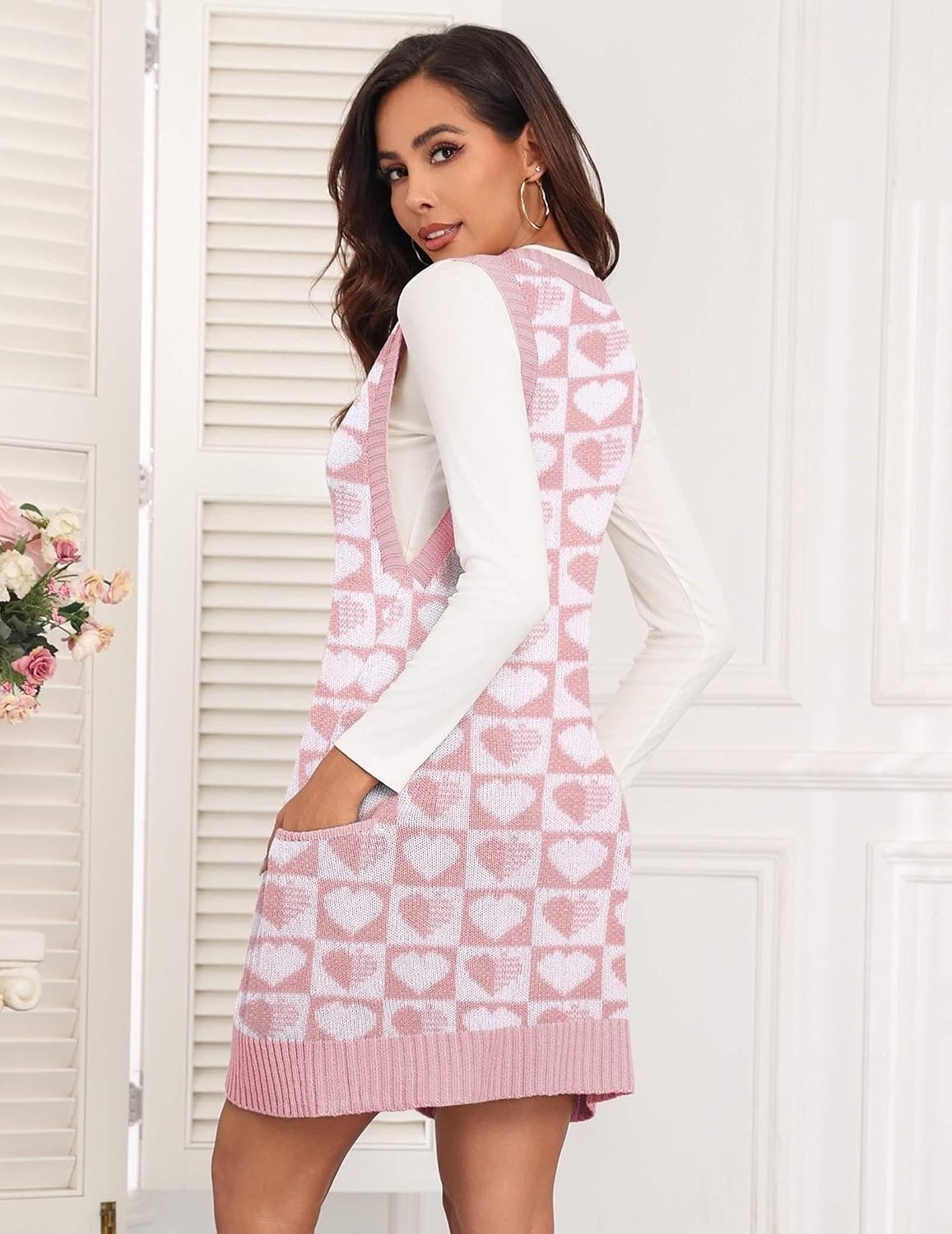 image:imageZeagoo Womens Sweater Vest Dress Pattern Knitted Pullovers Sweaters V Neck Tank Sweater Dress with PocketsPink Heart