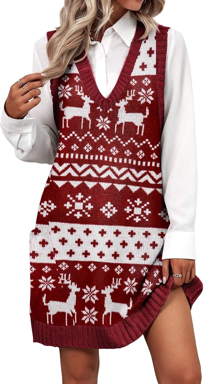 image:imageZeagoo Womens Sweater Vest Dress Pattern Knitted Pullovers Sweaters V Neck Tank Sweater Dress with PocketsXmas Reindeer