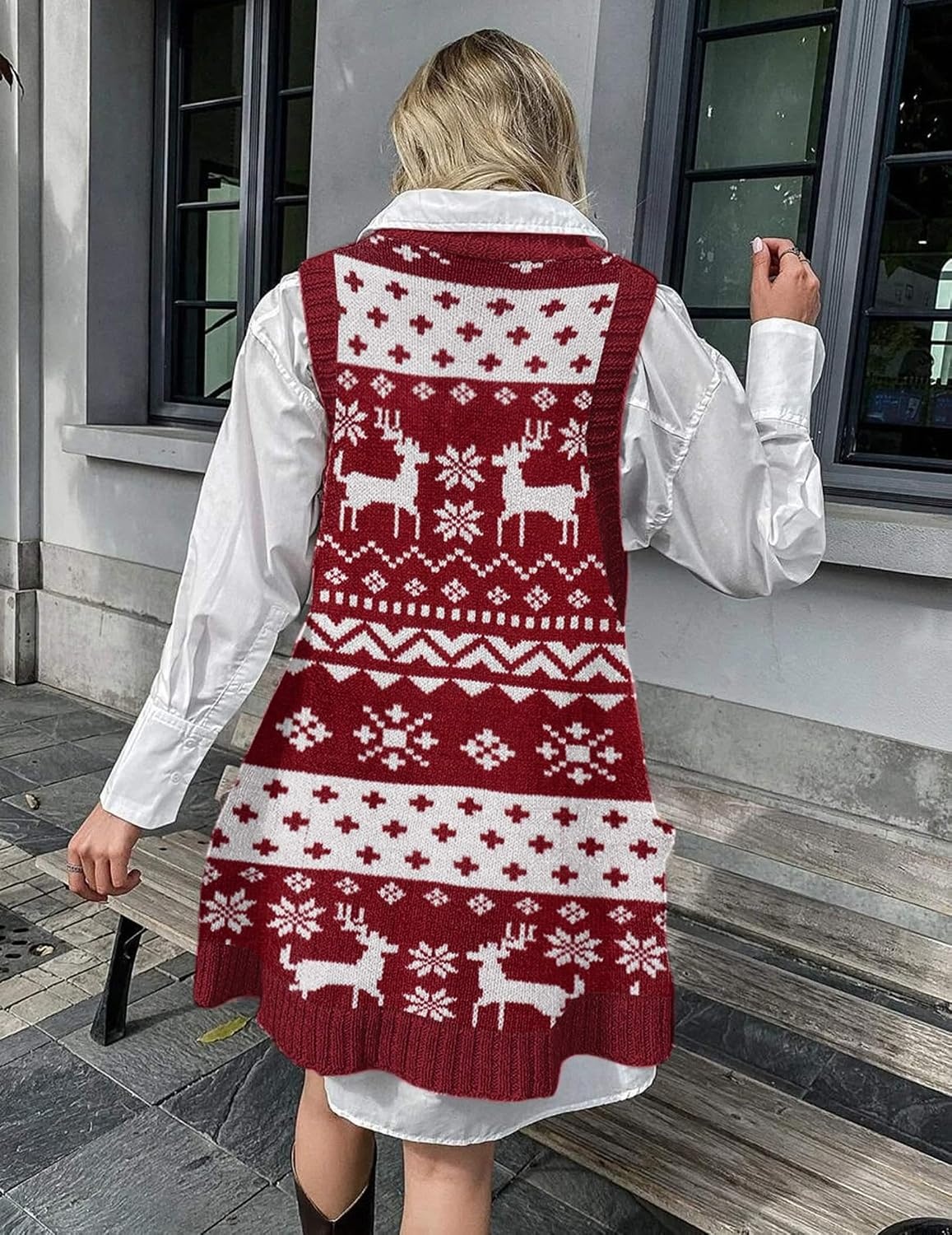 image:imageZeagoo Womens Sweater Vest Dress Pattern Knitted Pullovers Sweaters V Neck Tank Sweater Dress with PocketsXmas Reindeer