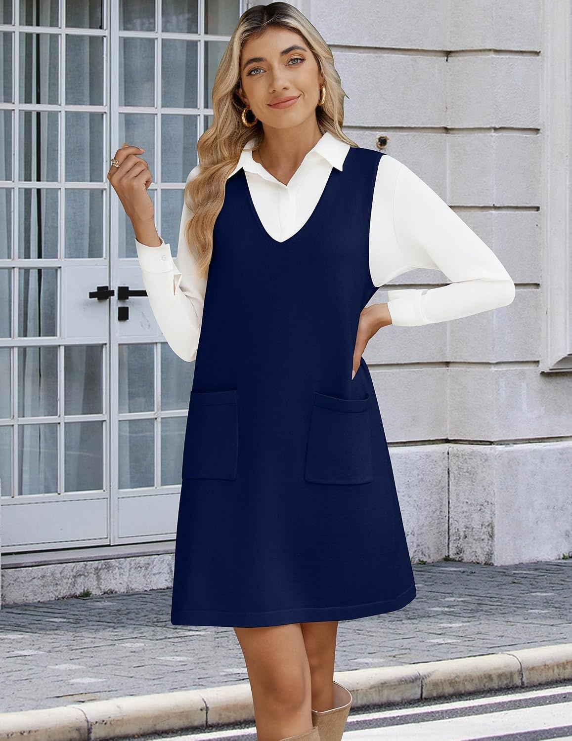 image:imageZeagoo Womens Sweater Vest Dresses for Women 2026 V Neck Sleeveless Knit Pullover Sweater with Pockets Fall Winter OutfitsBlue