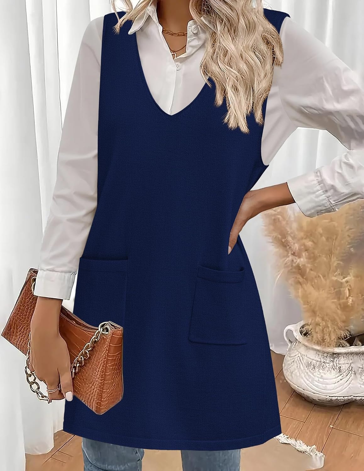 image:imageZeagoo Womens Sweater Vest Dresses for Women 2026 V Neck Sleeveless Knit Pullover Sweater with Pockets Fall Winter OutfitsBlue
