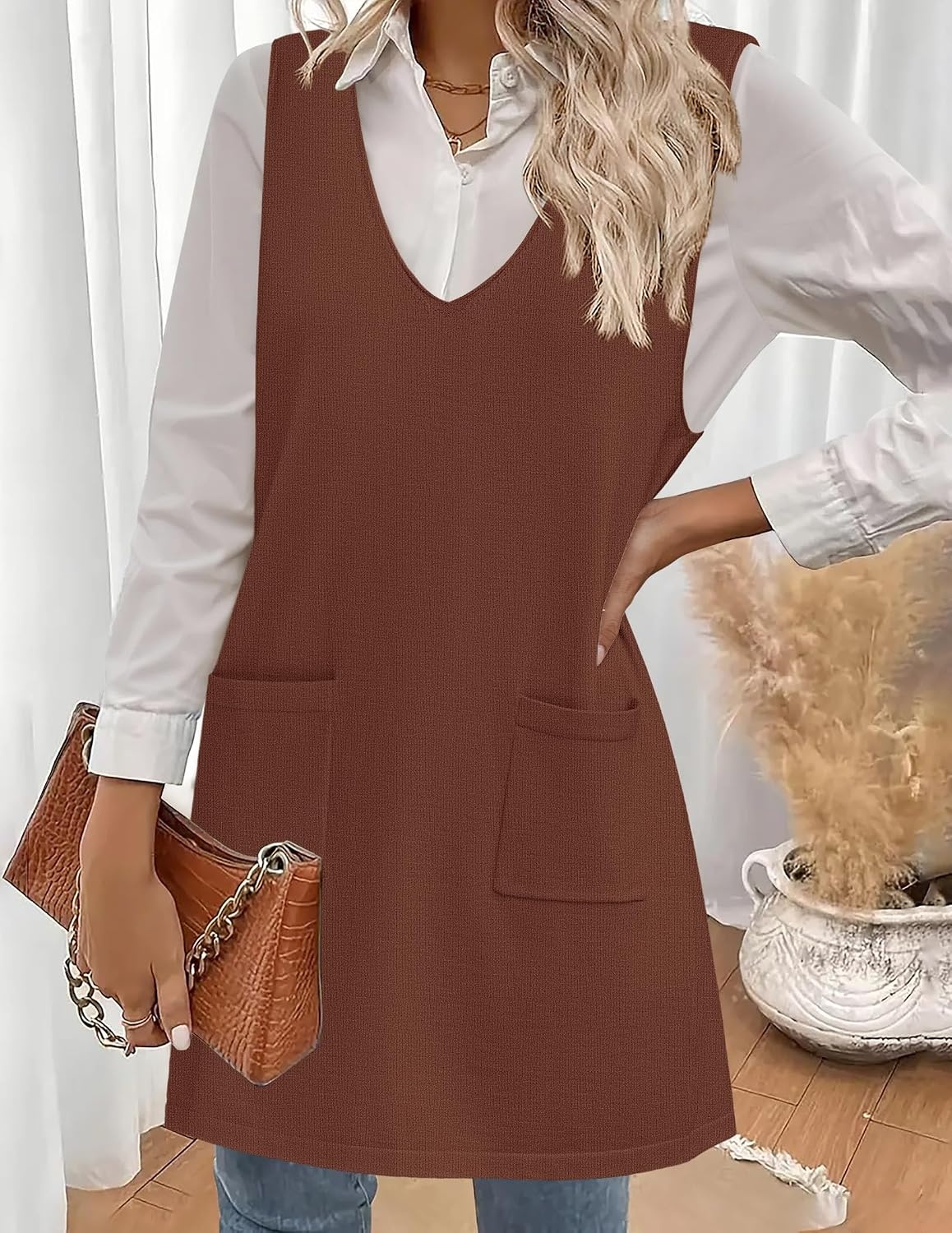 image:imageZeagoo Womens Sweater Vest Dresses for Women 2026 V Neck Sleeveless Knit Pullover Sweater with Pockets Fall Winter OutfitsBrown