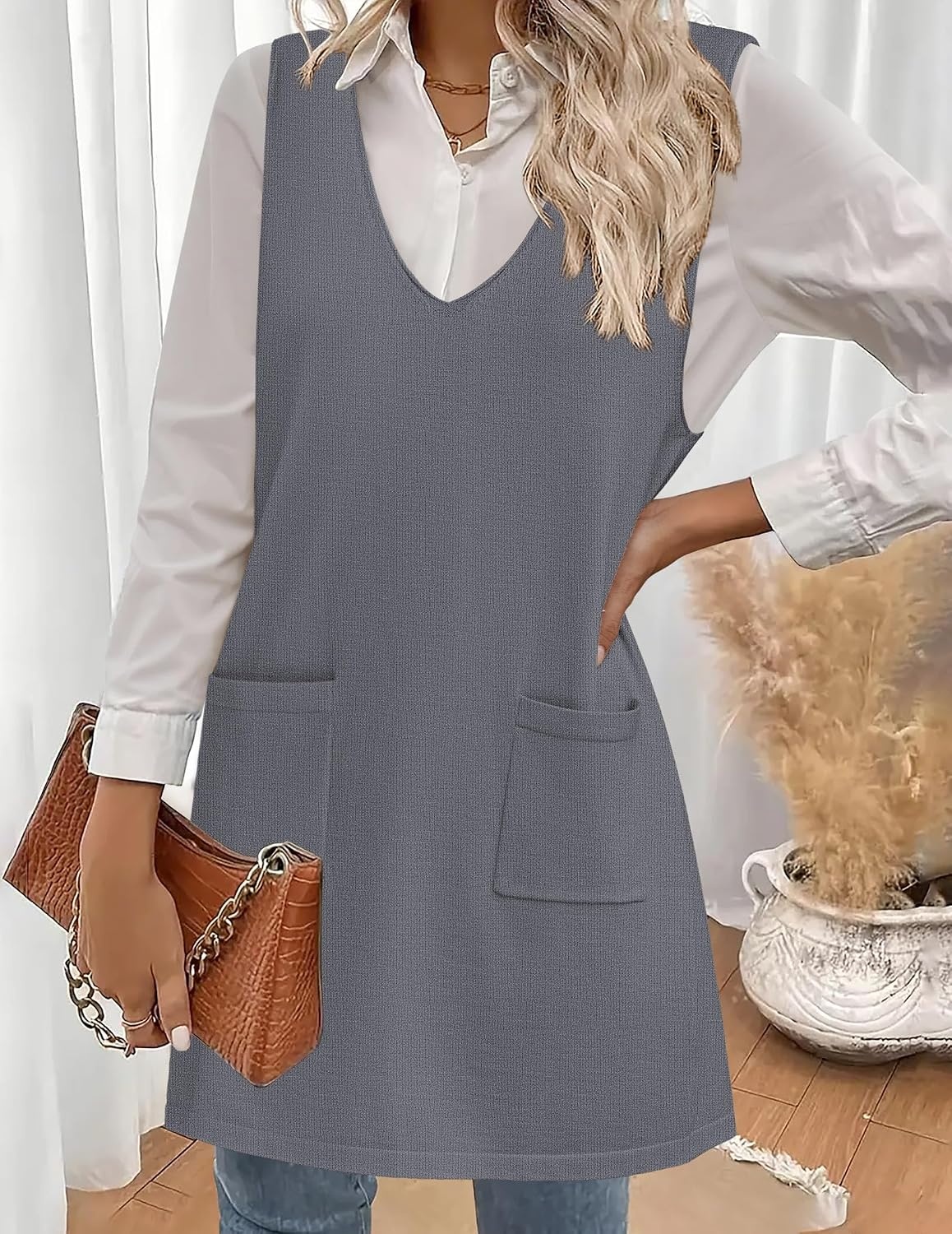 image:imageZeagoo Womens Sweater Vest Dresses for Women 2026 V Neck Sleeveless Knit Pullover Sweater with Pockets Fall Winter OutfitsGrey