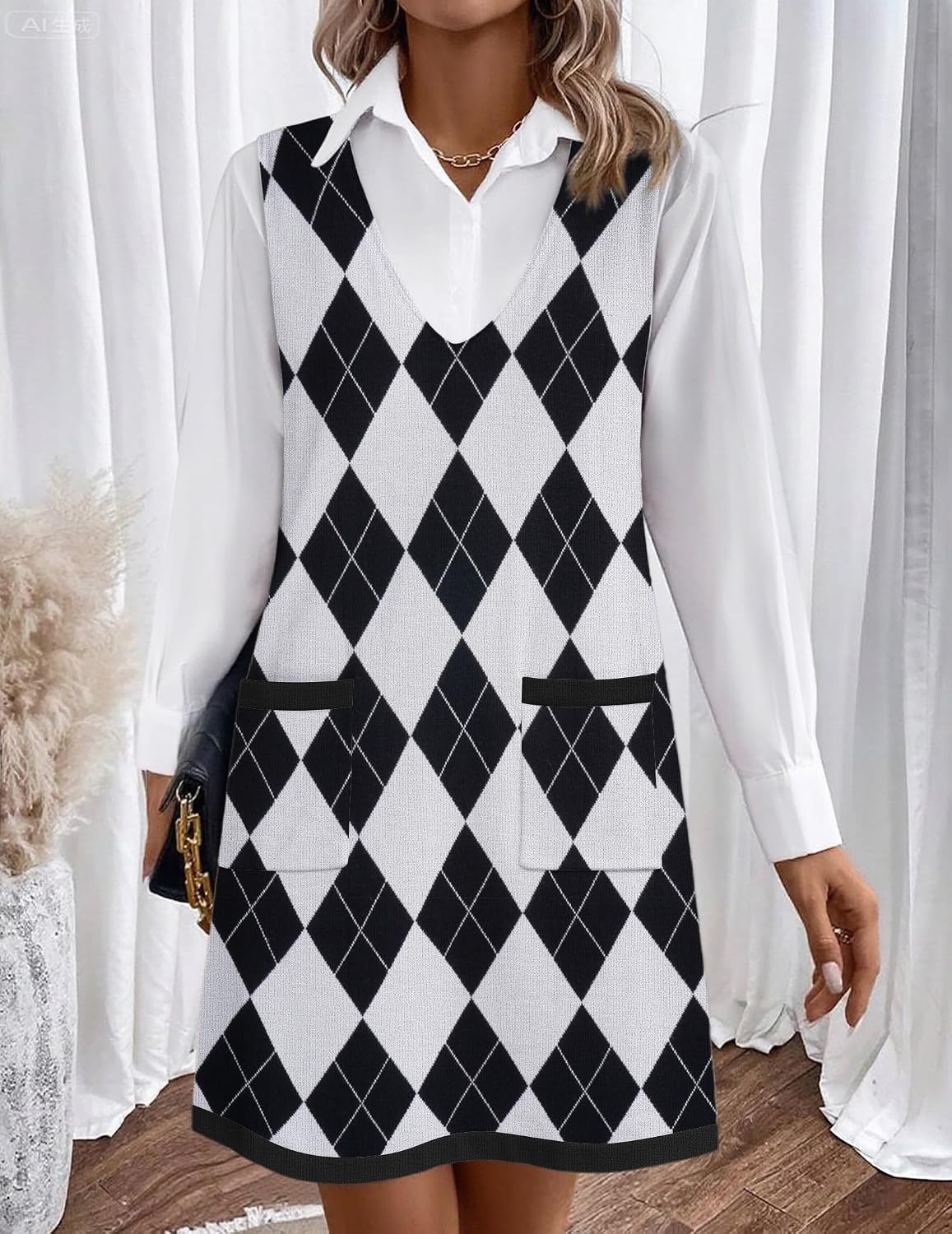 image:imageZeagoo Womens Sweater Vest Dresses for Women 2026 V Neck Sleeveless Knit Pullover Sweater with Pockets Fall Winter OutfitsGz818