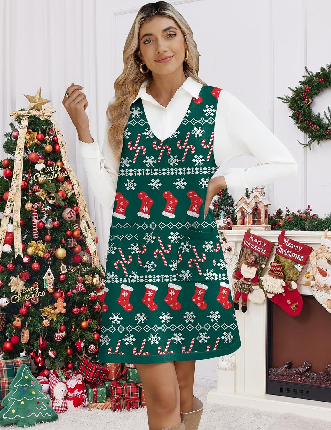 image:imageZeagoo Womens Sweater Vest Dresses for Women 2026 V Neck Sleeveless Knit Pullover Sweater with Pockets Fall Winter OutfitsSd352