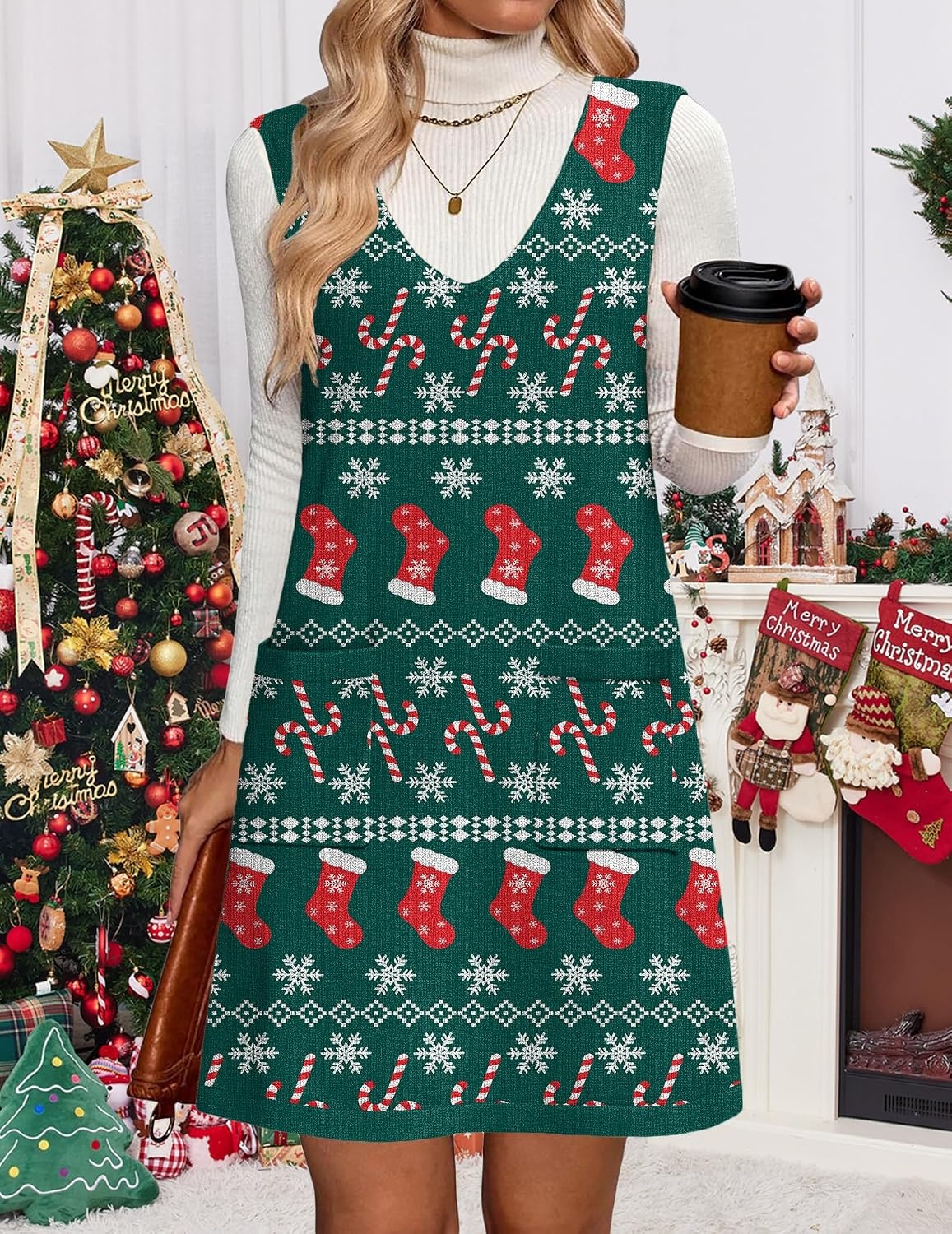 image:imageZeagoo Womens Sweater Vest Dresses for Women 2026 V Neck Sleeveless Knit Pullover Sweater with Pockets Fall Winter OutfitsSd352