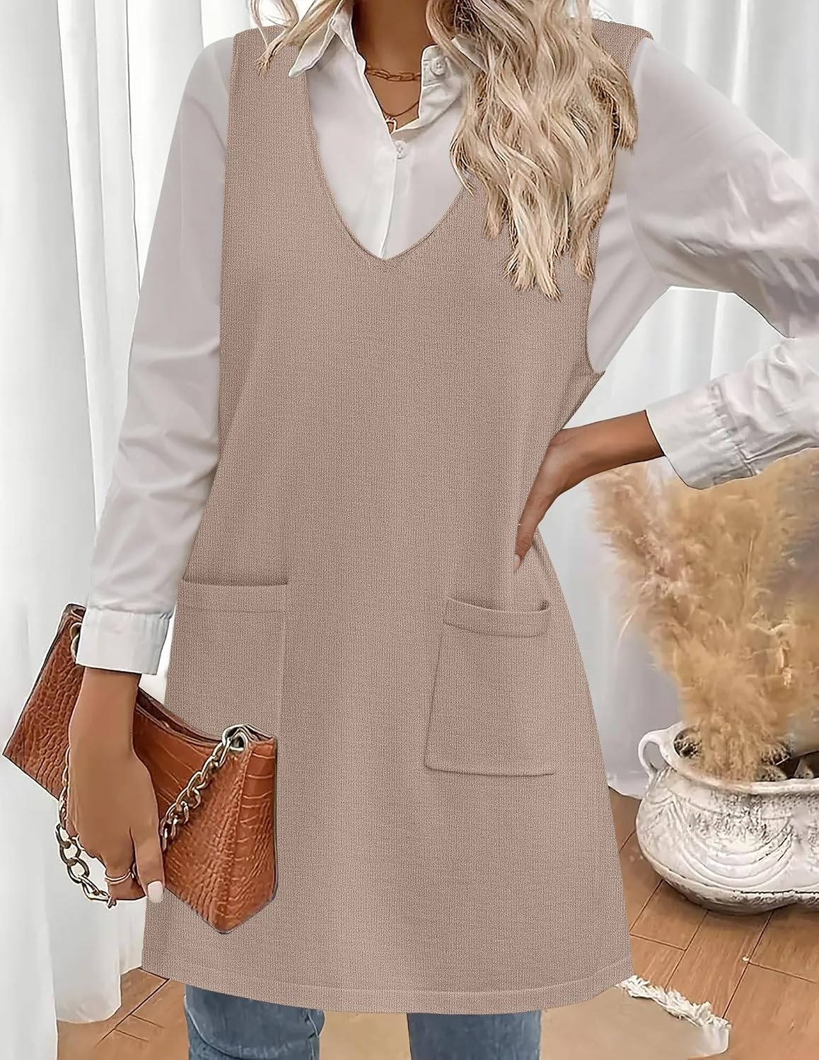 image:imageZeagoo Womens Sweater Vest Dresses for Women 2026 V Neck Sleeveless Knit Pullover Sweater with Pockets Fall Winter OutfitsWa