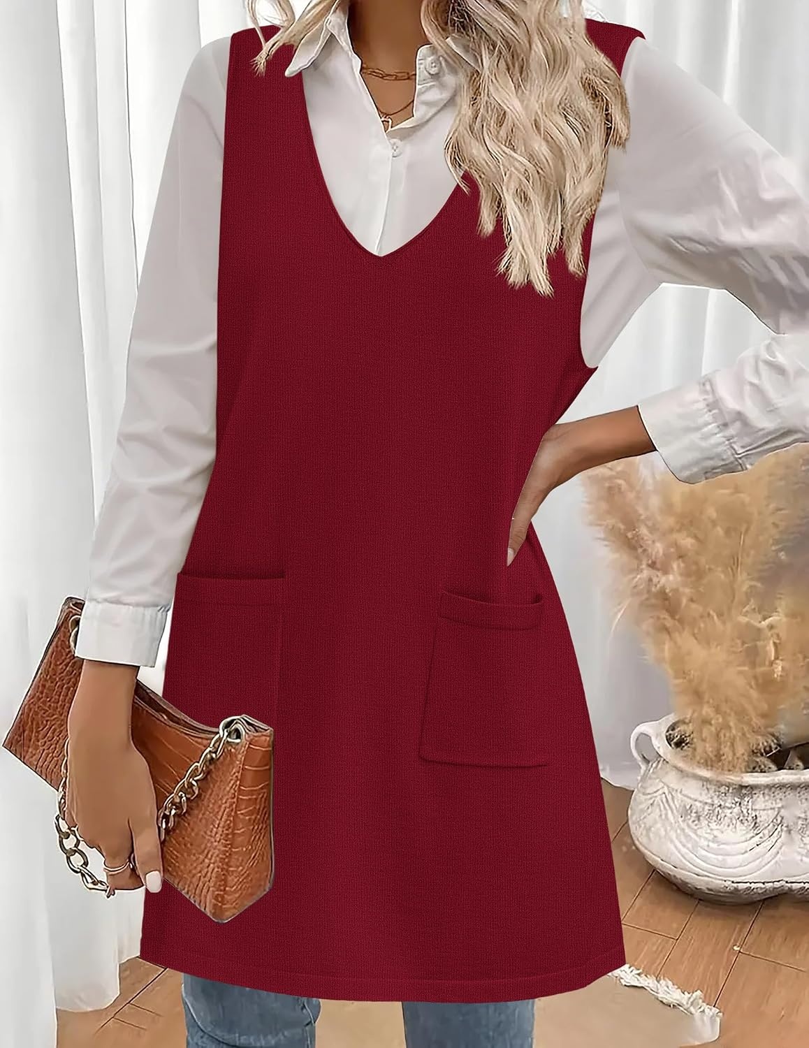 image:imageZeagoo Womens Sweater Vest Dresses for Women 2026 V Neck Sleeveless Knit Pullover Sweater with Pockets Fall Winter OutfitsWine Red