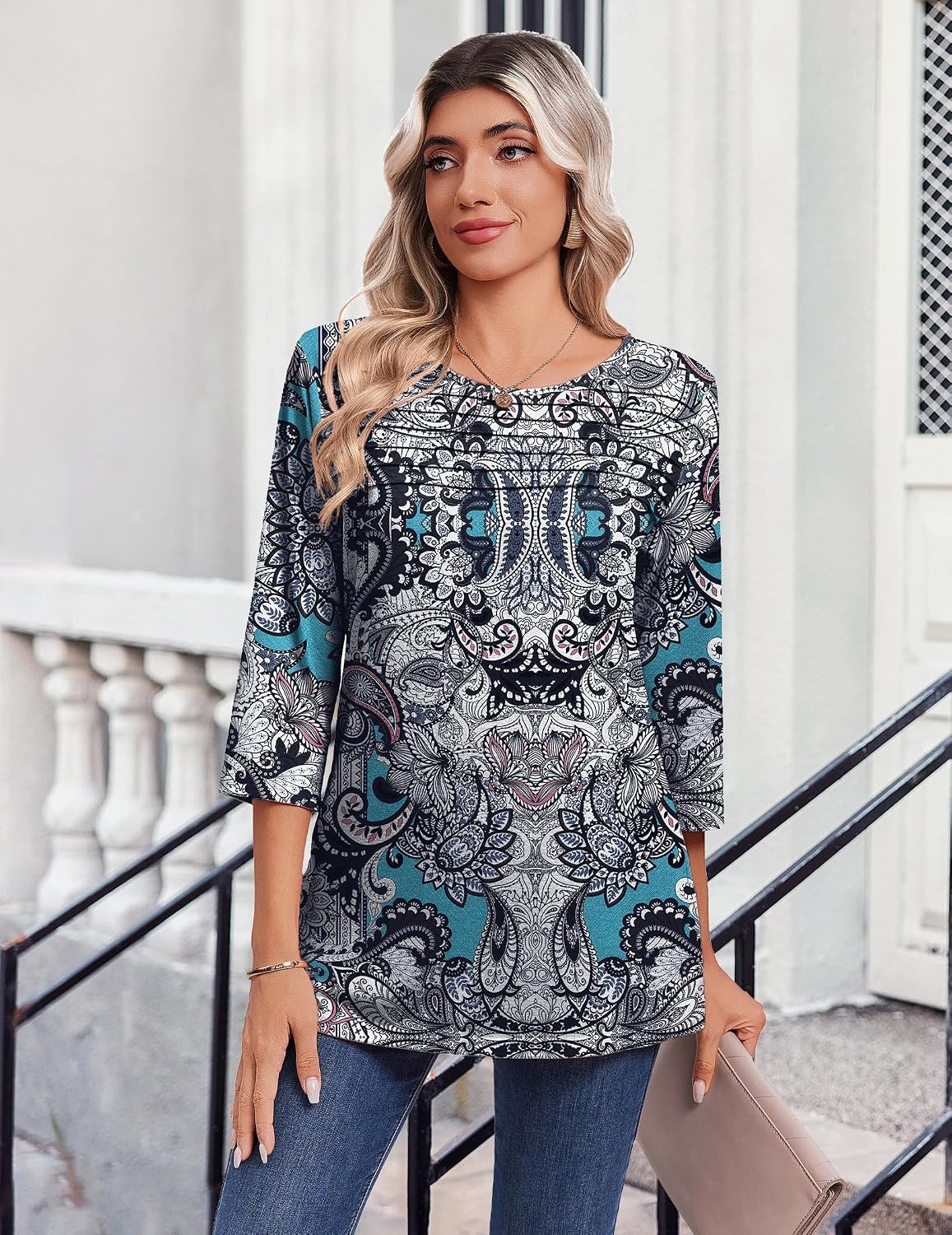 image:imageZeagoo Womens Tops 34 Sleeve Blouses Dressy Casual Shirt Pleated TunicBobo Blue 906