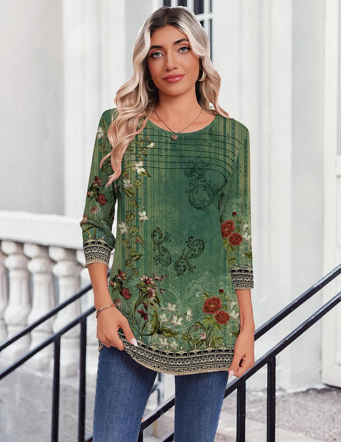 image:imageZeagoo Womens Tops 34 Sleeve Blouses Dressy Casual Shirt Pleated TunicBobo Green 839